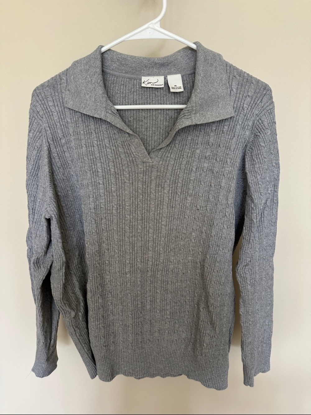 Kim Rogers Gray Ribbed V-Neck Collared Sweater